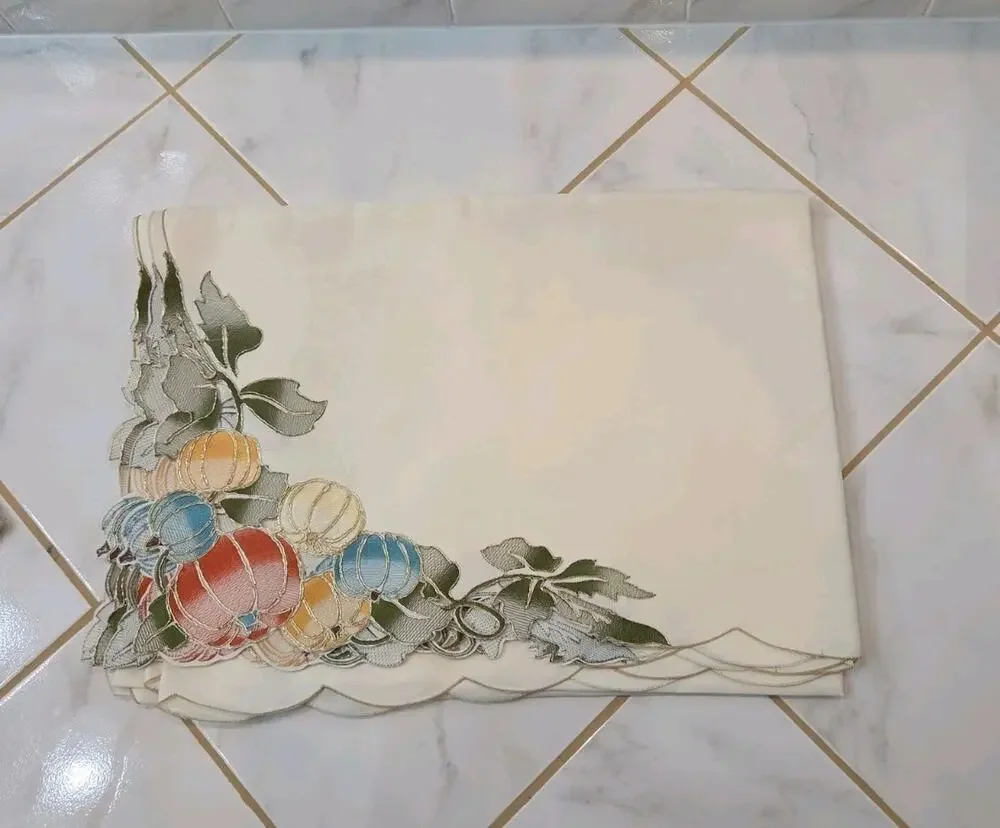 Evermaple Cream Embroidered Heirloom Blue Pumpkin Tablecloth 60x84 Rectangular